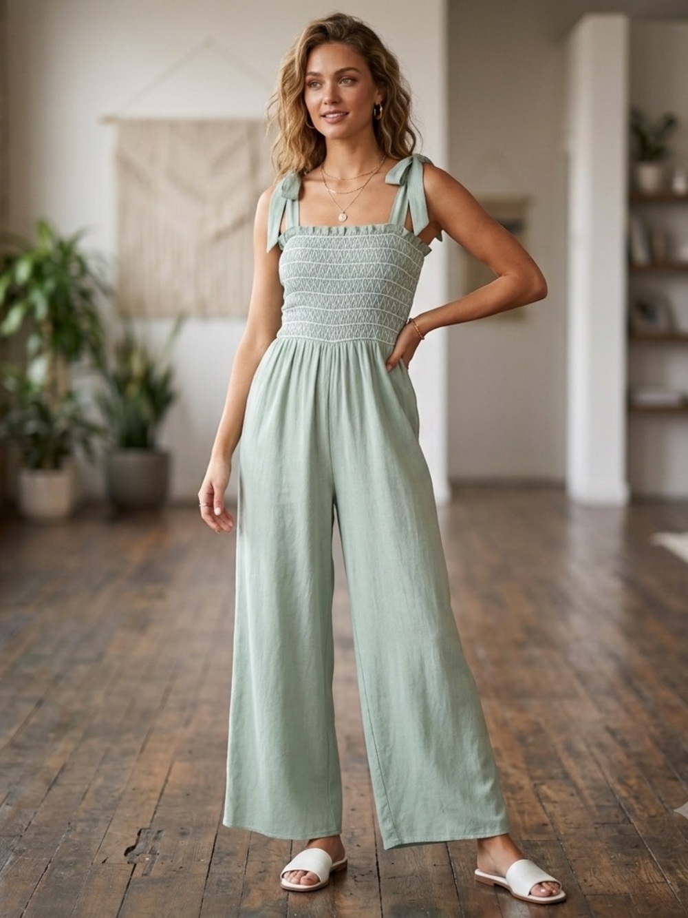 Audrey Parks x Francesca Smocked Jumpsuit M Boho Cottagecore Wide Leg Sage/Mint